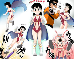  3boys black_hair blush breasts closed_mouth commentary_request doraemon female gouda_takeshi groin highres honekawa_suneo looking_at_viewer minamoto_shizuka multiple_boys navel nobi_nobita open_mouth short_hair smile takaya_n tentacle torn_clothes translation_request twintails 