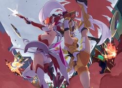  2girls ahoge armored_boots ass back-to-back battle boots breasts elbow_gloves explosion firing gloves gun high_kick highres kicking large_breasts leg_up light_brown_hair light_purple_hair medium_breasts mokutan_mmmm multiple_girls noise_(symphogear) scarf senki_zesshou_symphogear shorts sideboob tachibana_hibiki_(symphogear) thighhighs weapon yukine_chris 