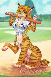  5_fingers ball baseball_(ball) baseball_bat baseball_diamond baseball_field bat_(object) blonde_hair blue_eyes chakamil chakat clothing day detailed_background digital_media_(artwork) felid felid_taur feline female fingers hair herm_(lore) imanika lynx mammal mammal_taur nipple_outline nipple_piercing nipples outside pawpads paws piercing pink_nose pink_pawpads scut_tail shaded shirt short_tail shorttail sitting sky smile solo tail taur text tied_shirt topwear 