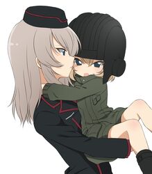  2girls blonde_hair blue_eyes carrying commentary girls_und_panzer green_jumpsuit grey_hair height_difference helmet highres itsumi_erika jumpsuit katyusha_(girls_und_panzer) kuromorimine_military_uniform long_hair long_sleeves military military_uniform multiple_girls pravda_military_uniform princess_carry ruruepa school_uniform short_hair short_jumpsuit simple_background tank_helmet uniform white_background 