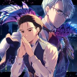  2boys black_gloves black_hair blue_eyes brown_eyes cape collared_shirt commentary_request cosplay fate/grand_order fate_(series) glasses gloves hair_slicked_back james_moriarty_(archer)_(fate) james_moriarty_(archer)_(fate)_(cosplay) katsuki_yuuri kuroemon male_focus multiple_boys own_hands_together sherlock_holmes_(fate) sherlock_holmes_(fate)_(cosplay) shirt smile viktor_nikiforov waistcoat white_hair yuri!!!_on_ice 