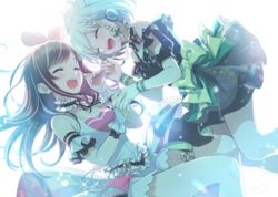  2girls :d ^_^ backlighting bare_shoulders black_shirt blue_hair blush bow braid brown_hair closed_eyes commentary_request crossover fingernails green_bow green_nails grey_skirt hair_ribbon hairbow headphones holding_hands interlocked_fingers kizuna_ai kizuna_ai_(anniversary) kizuna_ai_inc. long_hair morikura_en multicolored_hair multiple_girls nail_polish off-shoulder_shirt off_shoulder open_mouth pink_hair pink_ribbon pleated_skirt polka_dot polka_dot_skirt puffy_short_sleeves puffy_sleeves ribbon shirt short_sleeves simple_background single_braid skirt smile streaked_hair teeth upper_teeth_only very_long_hair virtual_youtuber white_background white_hair white_shirt white_skirt wrist_cuffs yuni_(yuni_channel) yuni_channel 