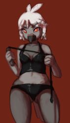  2017 abject anthro avian beak bird breasts clothed clothing columbid female navel non-mammal_breasts pigeon red_background red_eyes simple_background solo whip 