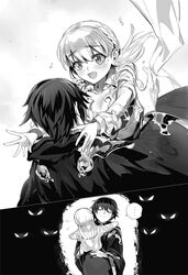  ... 1boy :d blush braid breasts cleavage cloak collarbone death_march_kara_hajimaru_isekai_kyousoukyoku dissolving_clothes female floating_hair greyscale highres hug long_hair long_skirt long_sleeves monochrome non-web_source novel_illustration official_art open_mouth shirt shri side_braid skirt small_breasts smile speech_bubble split_screen suzuki_ichirou_(death_march) tears torn_clothes torn_shirt zena_marientail 