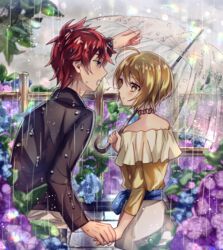  1boy black_shirt blonde_hair blue_eyes blue_flower blurry blurry_foreground commentary_request couple eye_contact female flower hair_between_eyes harryham_harry harryham_harry_(human) highres holding holding_hands holding_umbrella hugtto!_precure hydrangea kagayaki_homare long_sleeves looking_at_another mady_(madine08260) miniskirt off-shoulder_shirt off_shoulder open_mouth outdoors parted_lips precure purple_flower rain red_hair shirt short_hair skirt straight sweatdrop transparent transparent_umbrella umbrella white_skirt yellow_eyes yellow_shirt 