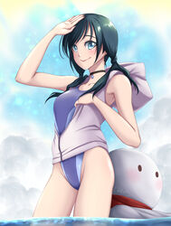  amano_hina_(tenki_no_ko) black_hair blue_eyes commentary_request competition_swimsuit cowboy_shot female flat_chest highleg highleg_swimsuit highres hood hooded_jacket hoodie jacket lolita_majin long_hair looking_at_viewer one-piece_swimsuit oversized_object sleeveless sleeveless_jacket solo swimsuit tenki_no_ko teruterubouzu twintails water white_jacket 