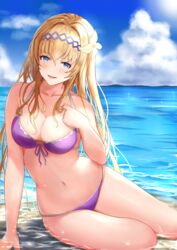  aqua_(popogori) arm_support bare_shoulders bikini blonde_hair blue_eyes blue_sky blush breasts cleavage cloud collarbone commentary_request day female flower granblue_fantasy hair_between_eyes hair_flower hair_ornament hairband jeanne_d&#039;arc_(granblue_fantasy) jeanne_d&#039;arc_(summer)_(granblue_fantasy) large_breasts long_hair looking_at_viewer navel ocean official_alternate_costume outdoors purple_bikini sitting skindentation sky smile solo stomach swimsuit thighs very_long_hair yokozuwari 