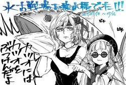  :3 asatsuki_asagi bandages bandana bonito bonito_(granblue_fantasy) braid breasts cleavage closed_eyes collarbone commentary_request detached_sleeves djeeta_(granblue_fantasy) erune granblue_fantasy pholia pointing serious short_hair soldier_(granblue_fantasy) sunglasses tank_top translation_request 