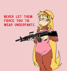  anthro ape blonde_hair bottomless chimpanzee clothed clothing diddy_kong_racing dixie_kong donkey_kong_(series) english_text female frown green_eyes gun hair haplorhine holding_object holding_weapon kong long_hair long_shirt looking_at_viewer machine_gun mammal mk_46_mod_1 nintendo off_shoulder pan_(genus) primate ranged_weapon rareware rocker shesamonkey simple_background solo text weapon 