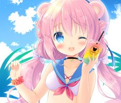  animal_ears aono_ribbon aqua_eyes bikini blush breasts choker cleavage clouds cropped drink hat long_hair original pink_hair seifuku sky swimsuit twintails waifu2x wink wristwear 