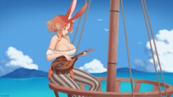  animal_ear_fluff animal_ears artist_name bare_shoulders bird blue_sky breasts brown_hair cleavage closed_eyes cloud commentary commission crow&#039;s_nest day english_commentary eyes_visible_through_hair female final_fantasy final_fantasy_xiv hair_bun highres instrument kuroonehalf large_breasts long_hair mandolin mast mountainous_horizon multicolored_hair music ocean original outdoors pants playing_instrument profile rabbit_ears rope seagull sidelocks single_hair_bun sitting sky smile solo striped_clothes striped_pants two-tone_hair vertical-striped_clothes vertical-striped_pants viera warrior_of_light_(ff14) 