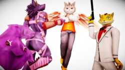  16:9 2019 3d_(artwork) anthro armor ass bathym_(tas) bow_(feature) bow_tie canid canine canis clothed clothing demon digital_media_(artwork) felid fur group gun horn kemono leopard lifewonders male malicekira mammal mikumikudance_(artwork) muscular muscular_male ose_(tas) pantherine purple_body purple_fur ranged_weapon simple_background sitri_(tas) smile suit tokyo_afterschool_summoners weapon widescreen wings wolf young 