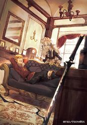  1boy belt black_pants blonde_hair blue_eyes bottle candle chandelier clock closed_eyes commentary_request couch curtains drawing_(object) elf fantasy female highres indoors juliet_sleeves long_sleeves lying maid maid_headdress mirror official_art on_back open_mouth pants pointy_ears puffy_sleeves rug sanshouuo shadow standing sword weapon window zensei_wa_kentei_konjou_kuzu_ouji 