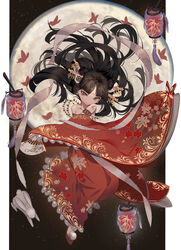  absurdres bad_id bad_pixiv_id bangle bare_shoulders bird black_hair blue_eyes blunt_bangs bracelet chang&#039;e chinese_clothes collarbone commentary_request detached_sleeves dress female floating floating_hair folding_fan hand_fan headdress highres holding holding_fan jewelry lantern lolicon long_hair long_sleeves looking_at_viewer moon original paper_fan paper_lantern rabbit red_dress sleeves_past_fingers sleeves_past_wrists smile solo tattoo wide_sleeves woc_(2072878058) 