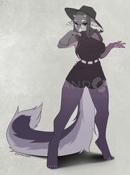  2019 alternative_fashion anthro canid canine clothed clothing eyelashes eyewear female glasses goth hat headgear headwear hi_res horn mammal pandora_(artist) solo standing watermark wide_hips 