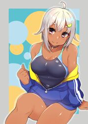  ahoge bad_id bad_twitter_id black_choker blue_jacket blue_one-piece_swimsuit blush breasts choker cleavage closed_mouth collarbone commentary cowboy_shot dark-skinned_female dark_skin fang_out female food-themed_hair_ornament grey_hair hair_ornament hayama_marin highres jacket large_breasts lime_hair_ornament looking_at_viewer mole mole_under_eye nijisanji oerba_yun_fang one-piece_swimsuit red_eyes sacha sitting smile solo swimsuit swimsuit_under_clothes thick_eyebrows thighs unworn_jacket virtual_youtuber 