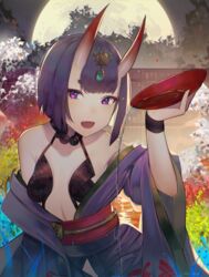  :d alcohol bare_shoulders blunt_bangs bob_cut commentary_request cup fangs fate/grand_order fate_(series) female full_moon hair_ornament harukagi horns japanese_clothes looking_at_viewer moon oni open_mouth outdoors partial_commentary pouring purple_eyes purple_hair sakazuki sake short_hair shuten_douji_(fate) skin-covered_horns smile solo wide_sleeves 