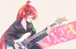  ahoge bass_guitar beamed_eighth_notes black_serafuku black_shirt black_skirt closed_mouth commentary_request eighth_note female glasses instrument kemurikusa long_hair looking_at_viewer musical_note pleated_skirt red-framed_eyewear red_eyes red_hair ryoku_(kemurikusa) school_uniform semi-rimless_eyewear serafuku shiro_(kemurikusa) shirt skirt smile solo under-rim_eyewear usapenpen2019 very_long_hair 