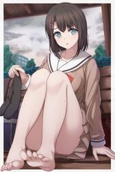  :o arm_support ass bad_id bad_twitter_id bag bang_dream! bare_legs barefoot black_hair black_socks blue_eyes blurry breasts brown_shirt brown_skirt collarbone convenient_leg depth_of_field feet female hair_ornament hairclip hanasakigawa_school_uniform highres knees_up long_sleeves looking_at_viewer medium_breasts miniskirt narafume okusawa_misaki outdoors parted_lips rain sailor_collar school_bag school_uniform shirt short_hair sitting skirt socks solo thighs toes unworn_socks wet white_sailor_collar 