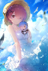  ;) animal bare_arms bare_shoulders bird black_ribbon blue_hair blue_sky blush breasts brown_hat character_doll closed_mouth cloud cloudy_sky collarbone commentary_request day doll dress female flower hair_ornament hair_over_one_eye hair_ribbon hairclip hat hat_flower highres holding holding_doll horizon linfi-muu motion_blur ocean one_eye_closed outdoors pink_hair ram_(re:zero) re:zero_kara_hajimeru_isekai_seikatsu red_eyes rem_(re:zero) revision ribbon seagull short_hair sky sleeveless sleeveless_dress small_breasts smile solo straw_hat sundress water white_dress white_flower x_hair_ornament 