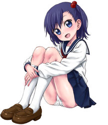  :d blue_eyes blue_hair brown_footwear commentary_request female full_body hair_bobbles hair_ornament hugging_own_legs kneehighs looking_at_viewer mitamura-kun_(landcell) one_side_up ooya-san_wa_shishunki open_mouth panties pantyshot pleated_skirt purple_hair satonaka_chie_(ooya-san_wa_shishunki) school_uniform serafuku short_hair simple_background sitting skirt smile socks solo underwear white_background white_panties white_socks 