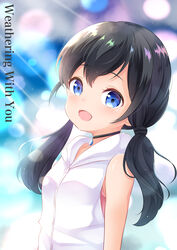  :d absurdres amano_hina_(tenki_no_ko) black_choker black_hair blue_eyes blurry blurry_background blush breasts choker collarbone commentary_request depth_of_field english_text female hair_between_eyes highres hood hood_down hooded_jacket inahori jacket long_hair looking_at_viewer low_twintails open_mouth sidelocks sleeveless sleeveless_jacket small_breasts smile solo tenki_no_ko twintails upper_body white_jacket 