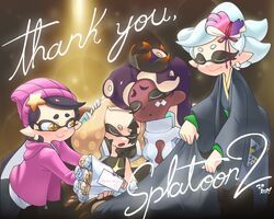  3d_rod! 4girls beanie black_hair blanket bouquet callie_(splatoon) closed_eyes commentary crown dark-skinned_female dark_skin english_commentary facial_tattoo flower hair_ornament hand_on_another&#039;s_head hat highres hood hoodie inkling japanese_clothes kimono leaning_on_person letter looking_at_another marie_(splatoon) marina_(splatoon) mole mole_under_eye mole_under_mouth multiple_girls octoling open_mouth pearl_(splatoon) pink_headwear pointy_ears purple_hair sitting sleeping sleeping_on_person smile splatoon_(series) splatoon_2 symbol-shaped_pupils tattoo tentacle_hair thank_you white_hair 