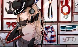  anchor annotated belt bismarck_(kancolle) black_necktie blonde_hair blue_eyes brown_gloves check_commentary commentary commentary_request detached_sleeves female german_flag glasses gloves hat headphones highres jewelry kantai_collection long_hair looking_at_viewer medal military_hat multicolored_clothes multicolored_scarf navy_cross neck_ribbon neck_ribbon_removed necklace necktie okayu_(papiko1111) peaked_cap picture_frame pince-nez plaid plaid_scarf profile protected_link red_ribbon red_scarf ribbon scarf solo striped_clothes striped_scarf thighhighs uniform unworn_collar unworn_necktie unworn_scarf white_scarf 