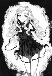  arisa_(death_march) chains clothing_cutout collar collarbone cuffs death_march_kara_hajimaru_isekai_kyousoukyoku dress female floating_hair greyscale grin handcuffs highres long_hair looking_at_viewer monochrome non-web_source novel_illustration official_art short_dress short_sleeves shoulder_cutout shri smile solo standing swept_bangs very_long_hair 