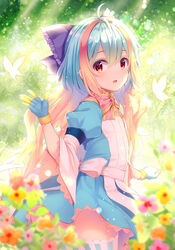  ahoge backlighting blonde_hair blue_dress blue_gloves blue_hair blurry blurry_foreground blush bow bug butterfly colored_eyelashes commentary_request day depth_of_field dress female flower frilled_bow frills gloves hair_between_eyes hairbow kuroe_(sugarberry) little_alice_(wonderland_wars) looking_at_viewer looking_to_the_side multicolored_hair outdoors parted_lips photoshop_(medium) pink_flower puffy_short_sleeves puffy_sleeves purple_bow red_eyes red_flower short_sleeves smile solo striped_clothes striped_thighhighs thighhighs two-tone_hair vertical-striped_clothes vertical-striped_thighhighs wonderland_wars yellow_flower 