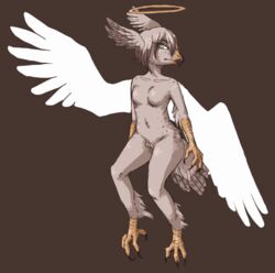  2018 abject angel anthro avian breasts featureless_breasts female green_eyes halo navel non-mammal_breasts solo 