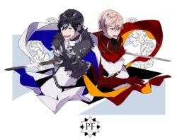  2boys :d belt black_gloves black_hair brown_eyes cape commentary_request copyright_name dylan_the_island_king fur_trim gloves holding holding_sword holding_weapon light_brown_hair male_focus multiple_boys nh0402 open_mouth oscar_the_frozen_sea_admiral pixiv_fantasia pixiv_fantasia_last_saga red_cape red_gloves simple_background smile sword weapon white_cape 