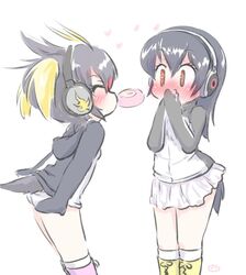  2girls ^_^ arms_at_sides black_hair blonde_hair blush boots brown_eyes closed_eyes covering_own_mouth embarrassed facing_another flustered food food_in_mouth full-face_blush gentoo_penguin_(kemono_friends) hair_between_eyes headphones heart hood hood_down hoodie japari_bun kemono_friends knee_boots kneehighs listening long_hair looking_at_another mouth_hold multicolored_hair multiple_girls panties penguin_tail pink_footwear red_hair rockhopper_penguin_(kemono_friends) sharing_food short_hair simple_background skirt socks tail two_side_up uho_(uhoyoshi-o) underwear white_background white_legwear white_panties white_skirt yellow_footwear yuri 