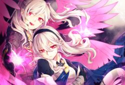  2girls armor bad_id bad_pixiv_id black_hairband blue_cape cape commentary_request corrin_(female)_(fire_emblem) corrin_(fire_emblem) eyes_of_grima fire_emblem fire_emblem_awakening fire_emblem_fates fire_emblem_heroes gloves grima_(fire_emblem) hairband long_hair long_sleeves multiple_girls open_mouth parted_lips red_eyes robin_(female)_(fire_emblem) robin_(fire_emblem) tida_2112 twintails white_hair wings wizard 