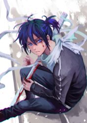  1boy ana_bi bishounen black_jacket blood blood_on_face blue_eyes blue_hair blue_pants closed_mouth commentary_request jacket long_sleeves looking_at_viewer male_focus noragami pants ponytail scarf short_ponytail sitting solo sword track_jacket track_suit weapon yato_(noragami) 