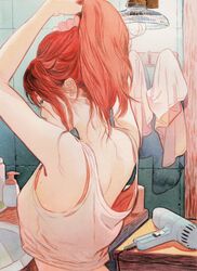  adjusting_hair armpits back bottle breasts brown_eyes commentary female hair_dryer highres little_thunder long_hair mole original ponytail red_hair solo tank_top towel tying_hair 