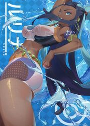  arm_up armlet ass belly_chain blue_background blue_eyes blue_hair breasts character_name checkered_background commentary_request covered_nipples crop_top dark-skinned_female dark_skin earrings female hair_ornament hoop_earrings jewelry long_hair makeup mascara medium_breasts midriff multicolored_hair navel necklace nessa_(pokemon) nox13 open_mouth poke_ball pokemon pokemon_swsh see-through see-through_sports_bra short_shorts shorts simple_background smile solo sports_bra two-tone_hair water wet 