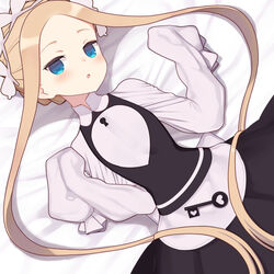  :o abigail_williams_(fate) abigail_williams_(festival_outfit)_(fate) bad_id bad_pixiv_id bed_sheet bell_(oppore_coppore) black_dress blonde_hair blue_eyes blush butterfly_hair_ornament commentary_request dress dutch_angle fate/grand_order fate_(series) female forehead hair_ornament hands_up heart key long_hair long_sleeves lying official_alternate_costume on_back parted_bangs parted_lips shirt sidelocks sleeveless sleeveless_dress sleeves_past_fingers sleeves_past_wrists solo very_long_hair white_shirt 