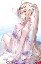  ass bare_shoulders bikini blonde_hair blue_eyes breasts collarbone commentary_request female flower from_side front-tie_bikini_top front-tie_top granblue_fantasy hair_between_eyes hair_flower hair_ornament hair_ribbon hairband highres jeanne_d&#039;arc_(granblue_fantasy) jeanne_d&#039;arc_(summer)_(granblue_fantasy) large_breasts lily_(flower) long_hair looking_at_viewer official_alternate_costume ponytail purple_bikini ribbon solo swimsuit sword watao water weapon 