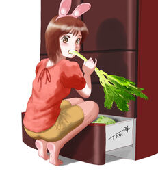  animal_ears arms_up artist_name barefoot blush brown_eyes brown_hair brown_shorts celery chutohampa commentary_request eating fake_animal_ears female food graphite_(medium) holding holding_food looking_at_viewer original rabbit_ears red_shirt refrigerator shadow shirt short_hair short_sleeves shorts solo squatting teeth traditional_media 