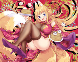  animal_ears blonde_hair blue_eyes braids breasts chinese_clothes chinese_dress cleavage food foxgirl long_hair miyano_ururu multiple_tails original see_through signed tail thighhighs 