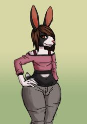  2017 abject anthro brown_eyes bulge clothed clothing hand_on_hip lagomorph leporid looking_at_viewer male mammal navel rabbit simple_background solo 