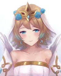  bare_shoulders blonde_hair blue_eyes blue_flower blue_hair blue_rose blush bridal_veil bride collarbone commentary crown detached_sleeves dress earrings female fire_emblem fire_emblem_heroes fjorm_(bridal)_(fire_emblem) fjorm_(fire_emblem) flower gradient_hair hair_ornament jewelry leonmandala light_smile looking_at_viewer multicolored_hair rose short_hair simple_background solo strapless strapless_dress upper_body veil wedding_dress 