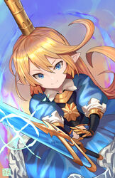  armor blonde_hair blue_eyes charlotta_(granblue_fantasy) closed_mouth commentary crown dress english_commentary female gauntlets glint godsh0t granblue_fantasy hair_between_eyes harvin holding holding_sword holding_weapon long_hair looking_at_viewer mixed-language_commentary pointy_ears romaji_commentary solo sword v-shaped_eyebrows weapon 