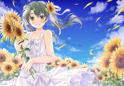  alternate_costume blue_sky breasts cloud collarbone commentary_request day dress female flower green_eyes green_hair hair_ribbon holding holding_flower kantai_collection long_hair looking_at_viewer minakami_nagara outdoors photoshop_(medium) ribbon sky sleeveless sleeveless_dress small_breasts smile solo sundress sunflower twintails white_dress white_ribbon zuikaku_(kancolle) 