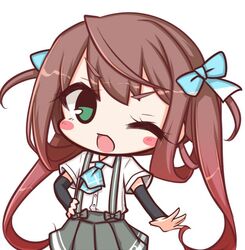  ;d arm_warmers asagumo_(kancolle) blue_bow blush_stickers bow brown_hair chibi collared_shirt commentary_request dress_shirt female green_eyes grey_bow grey_skirt hair_rings hairbow hand_on_own_hip kantai_collection komakoma_(magicaltale) one_eye_closed open_mouth pleated_skirt shirt short_sleeves sidelocks simple_background skirt smile solo suspender_skirt suspenders twintails white_background white_shirt 