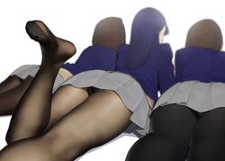  3girls aikawa_ren ass black_legwear black_panties blazer brown_hair commentary_request feet from_behind highres jacket long_hair lying miru_tights moegi_homi multiple_girls nakabeni_yua on_stomach panties pantyhose pantyshot pleated_skirt purple_hair school_uniform simple_background skirt underwear white_background yomu_(sgt_epper) 