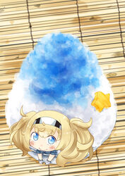  bamboo_screen blonde_hair blue_eyes blue_hawaii blue_shirt collared_shirt commentary_request female food gambier_bay_(kancolle) gloves hair_between_eyes hairband hinata_yuu in_food kantai_collection mini_person minigirl multicolored_clothes multicolored_gloves photoshop_(medium) pocket shaved_ice shirt short_sleeves smile star_(symbol) twintails 