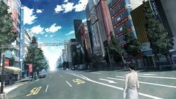  1boy ad akihabara_(tokyo) black_hair building car city from_behind game_cg highres huke lab_coat long_sleeves looking_away male_focus motor_vehicle official_art okabe_rintarou outdoors road scenery solo standing steins;gate street tree 