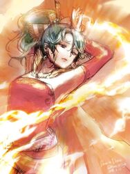  bare_shoulders closed_mouth commentary_request detached_sleeves dress earrings elbow_gloves female final_fantasy final_fantasy_vi fire gloves green_hair hair_ribbon jewelry komugiko_no_mori magic medium_hair ponytail ribbon solo terra_branford 